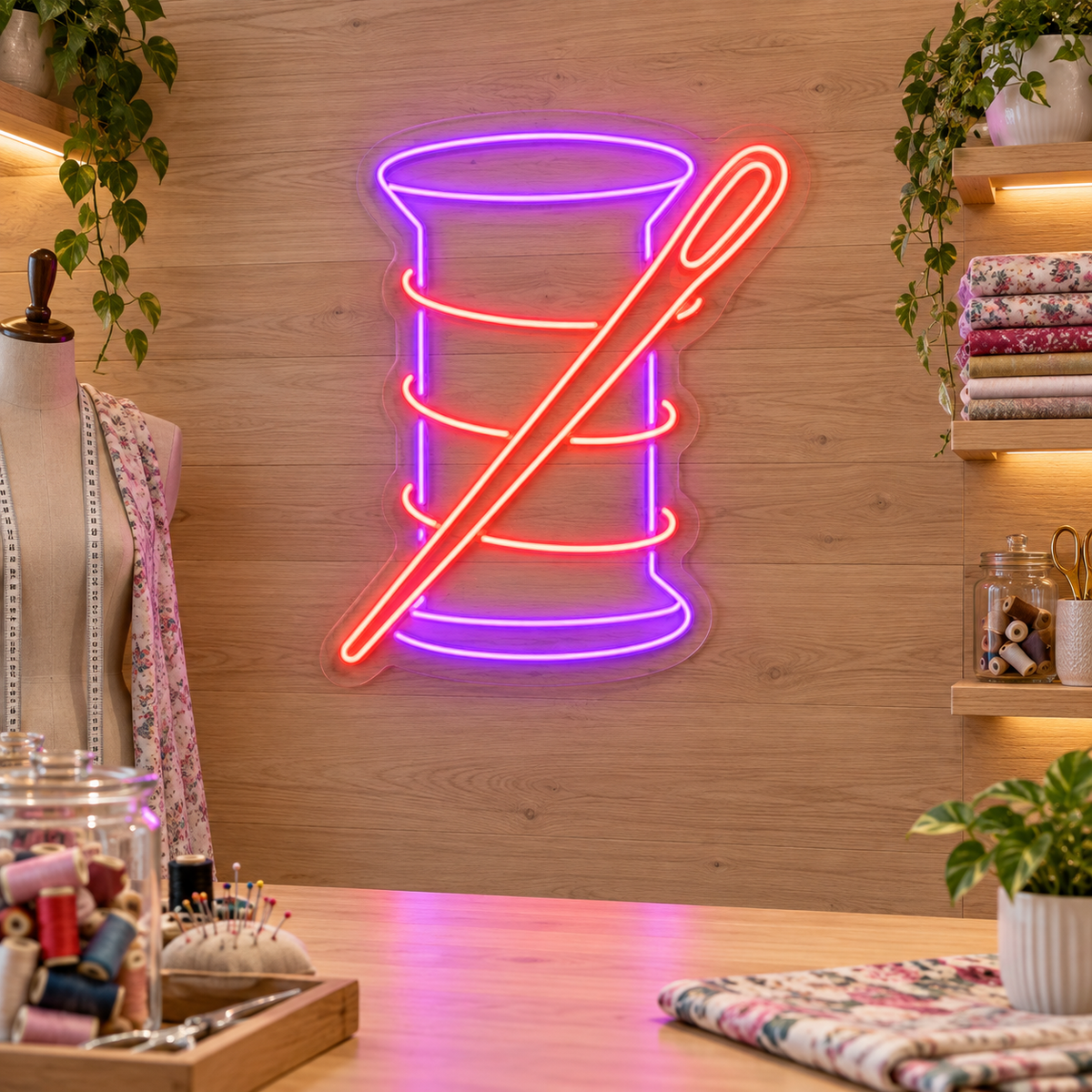 Thread Spool and Needle LED Neon Sign for Sewing Studios - interior setting