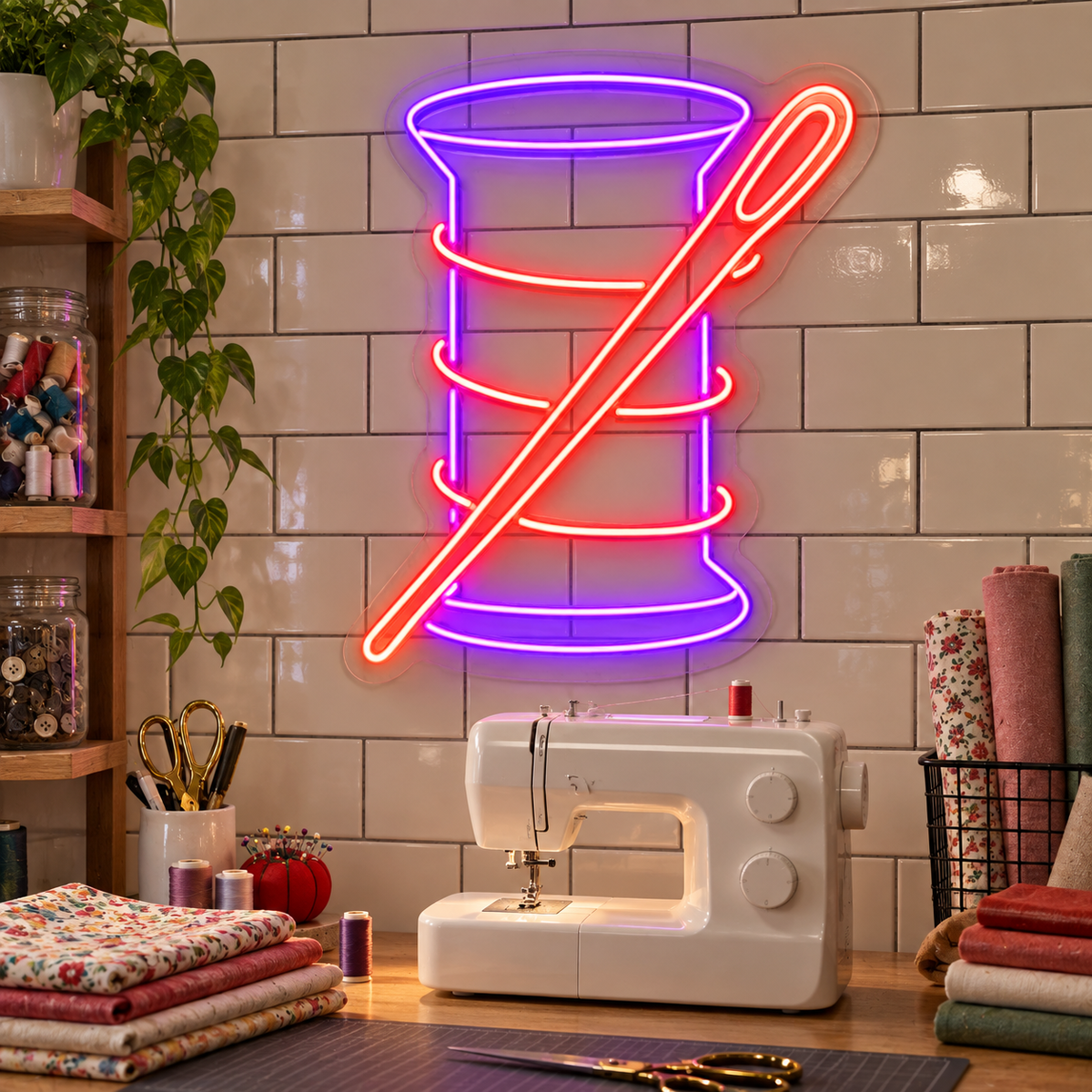 Thread Spool and Needle LED Neon Sign for Sewing Studios - interior setting
