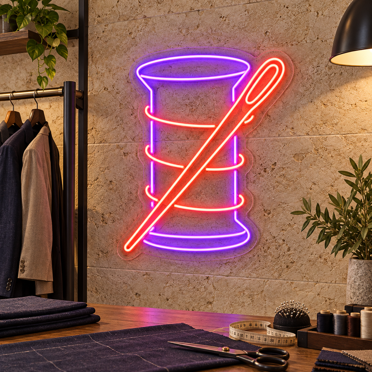 Thread Spool and Needle LED Neon Sign for Sewing Studios - interior setting