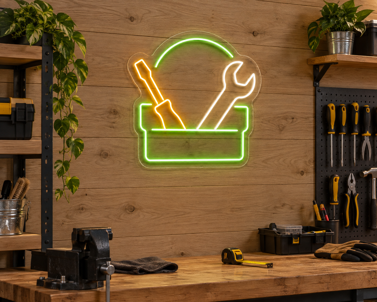 Toolbox with Wrench and Screwdriver LED Neon Sign for Workshop Decor - interior setting