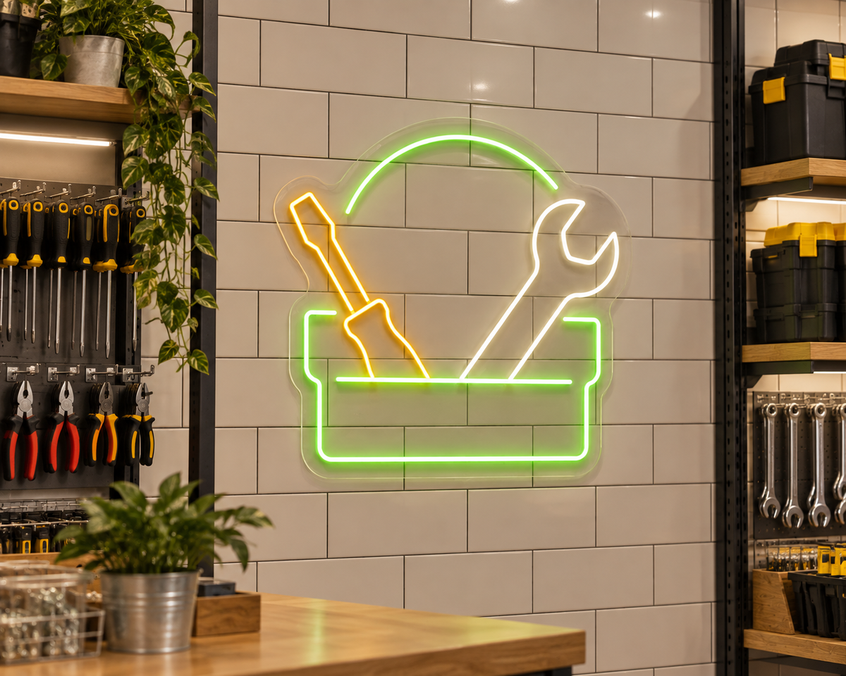 Toolbox with Wrench and Screwdriver LED Neon Sign for Workshop Decor - interior setting