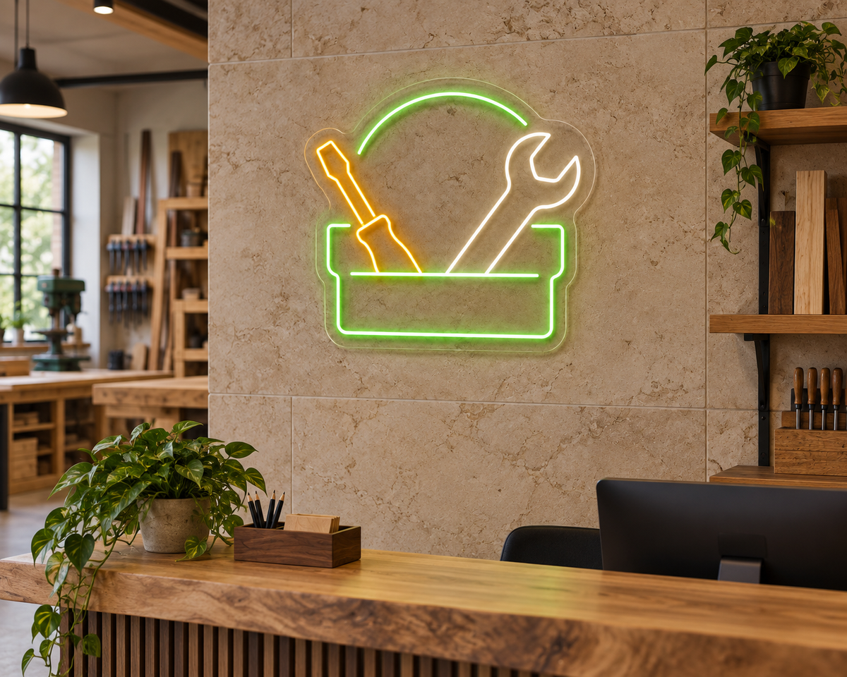 Toolbox with Wrench and Screwdriver LED Neon Sign for Workshop Decor - interior setting