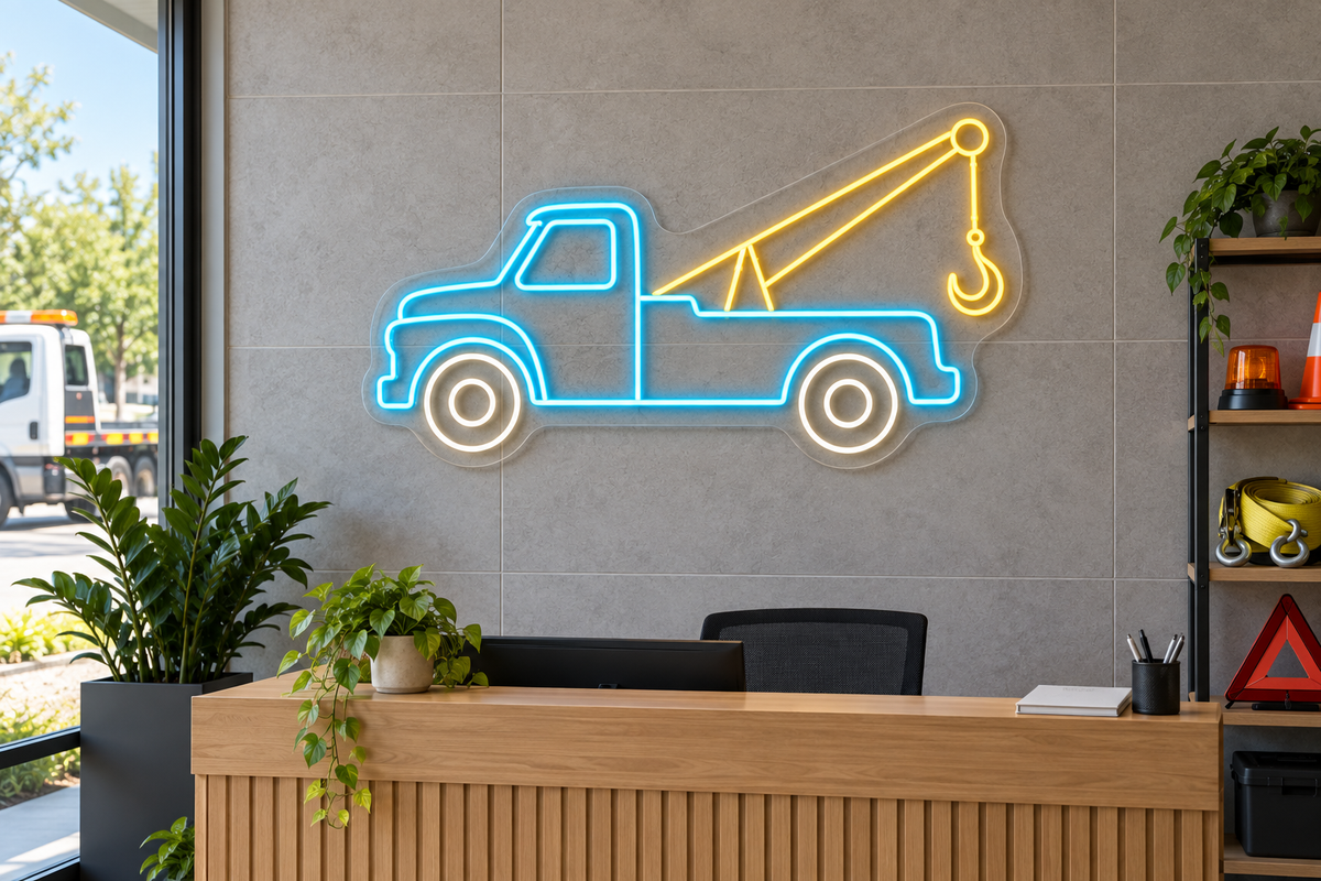 Tow Truck & Hook LED Neon Sign for Towing Services - interior setting