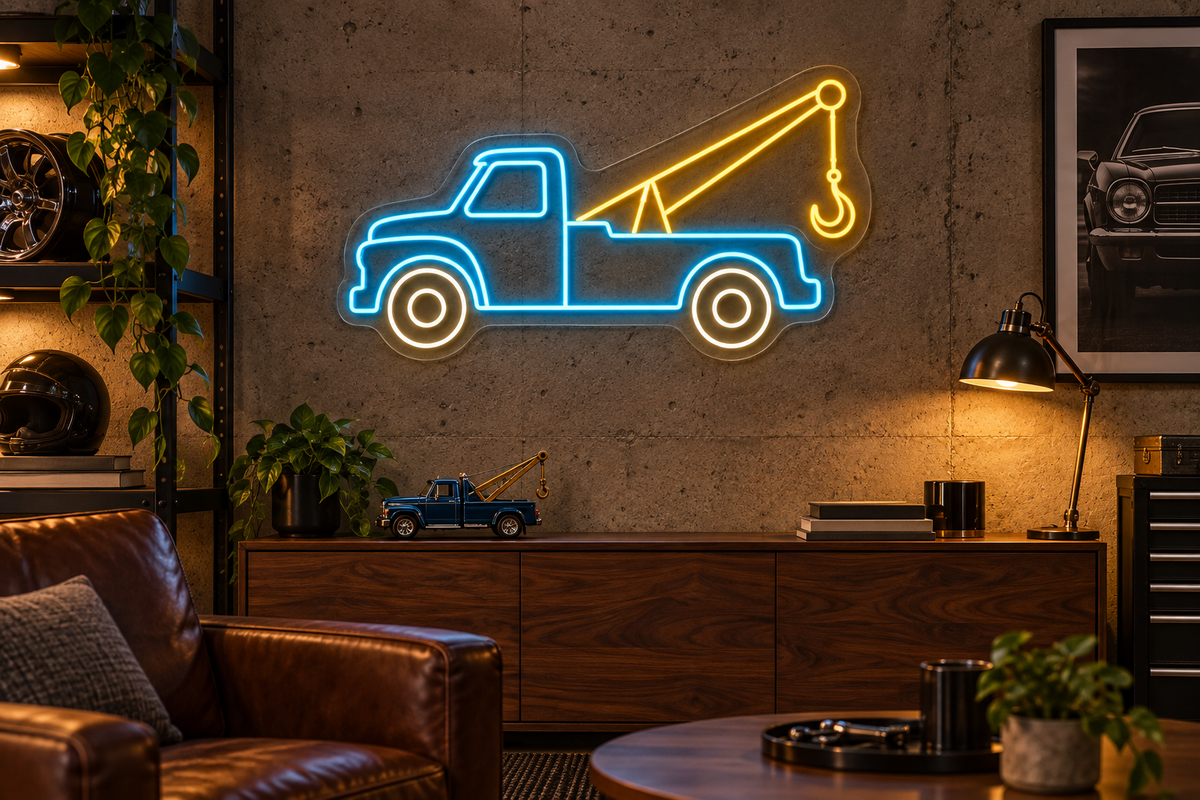 Tow Truck & Hook LED Neon Sign for Towing Services - interior setting