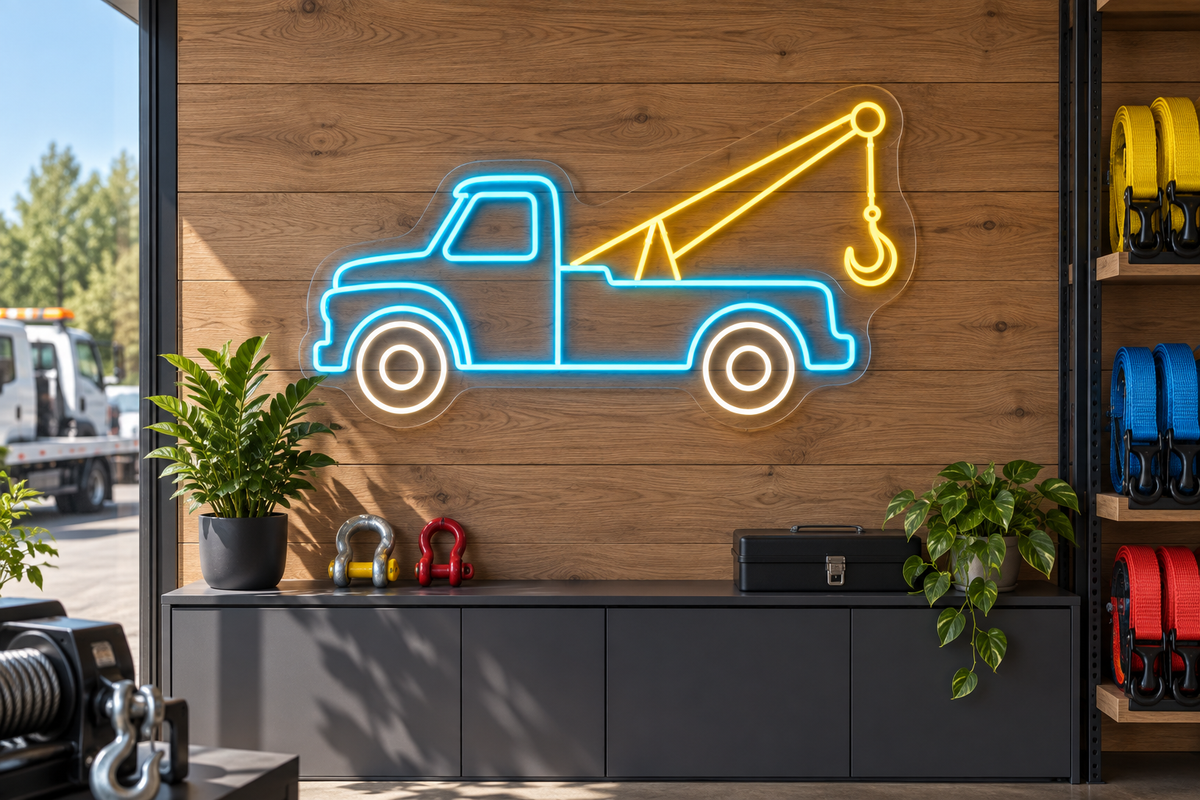 Tow Truck & Hook LED Neon Sign for Towing Services - interior setting