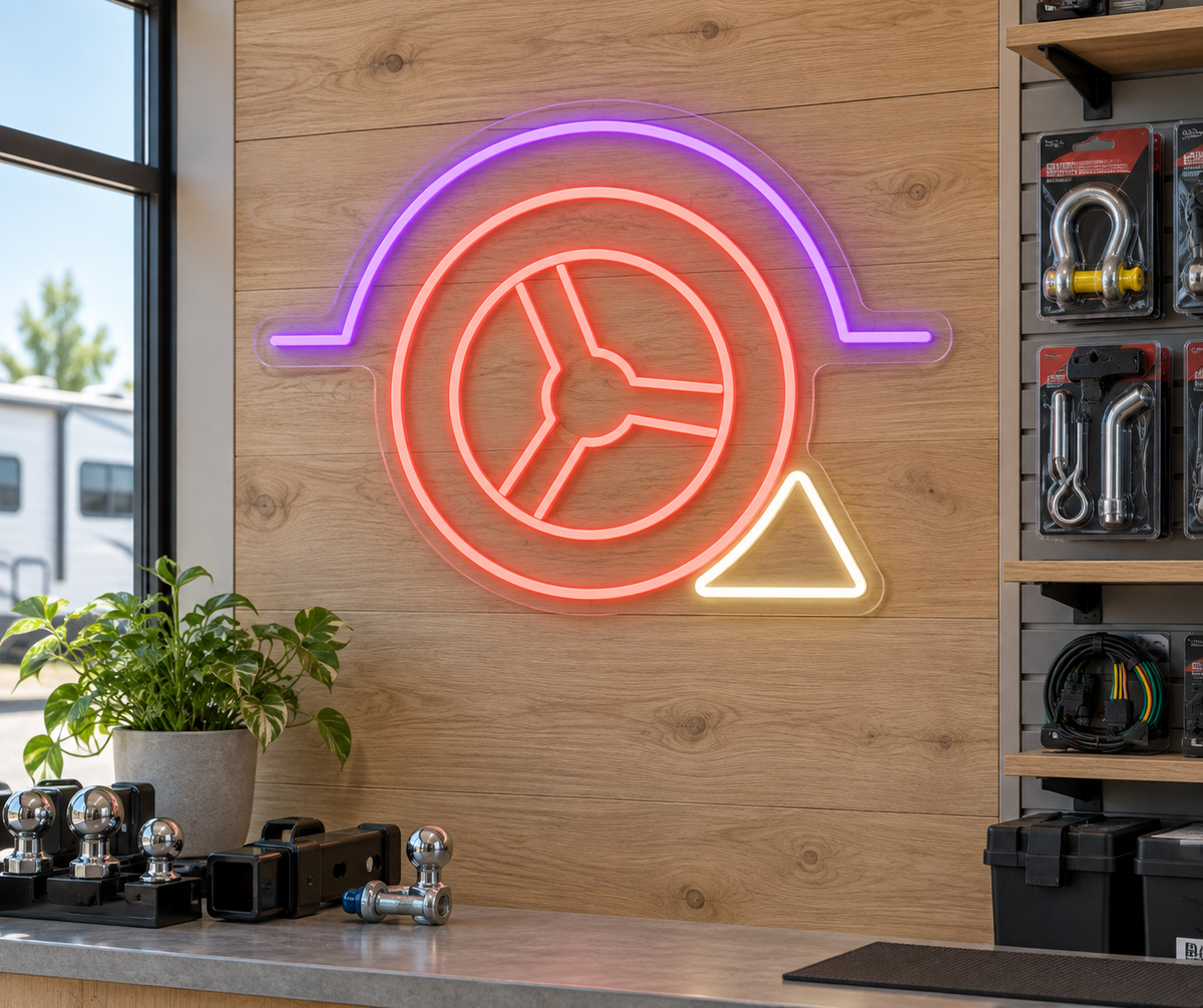 Trailer Wheel and Chock LED Neon Sign for RV Supply Shops - interior setting