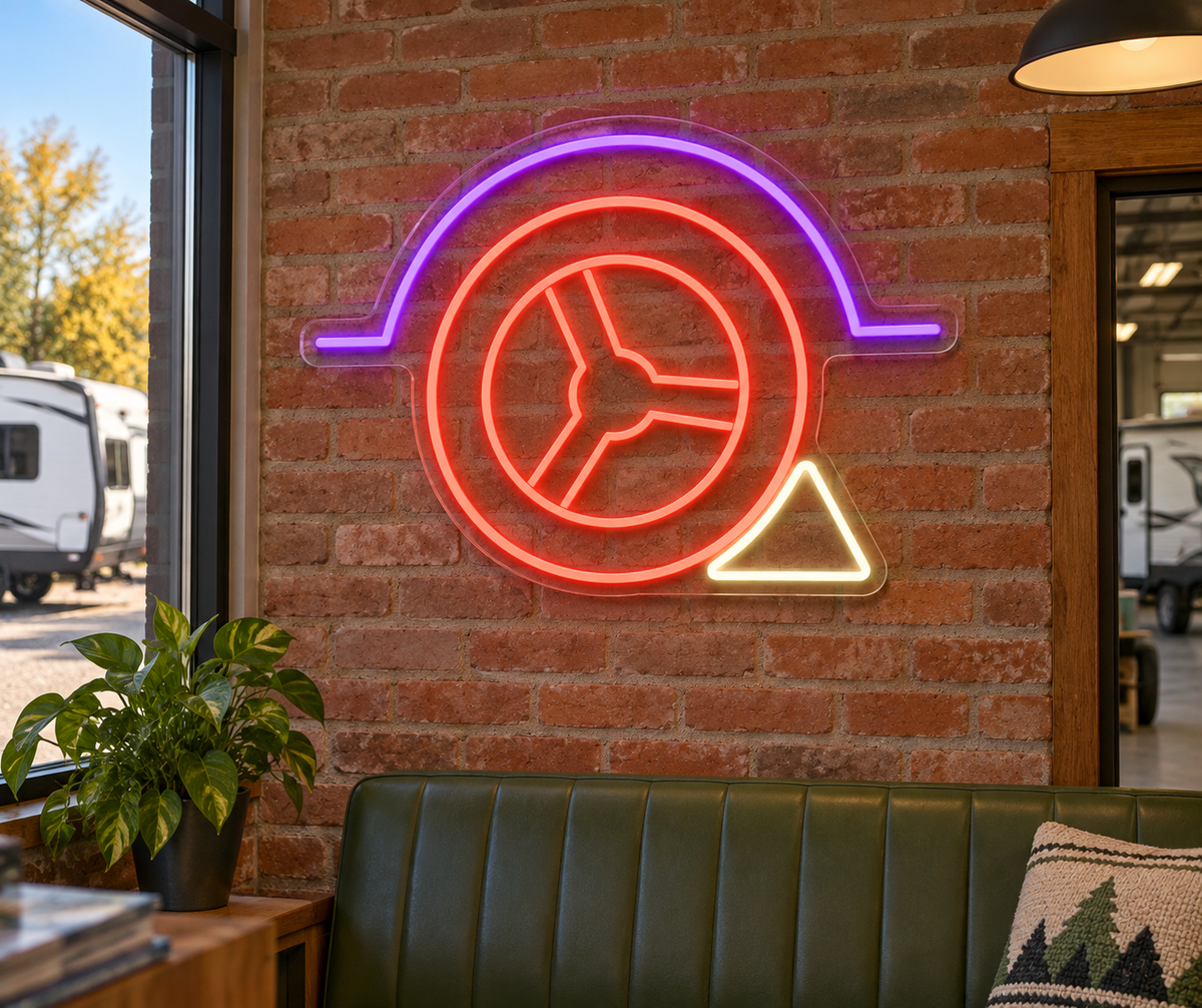 Trailer Wheel and Chock LED Neon Sign for RV Supply Shops - interior setting