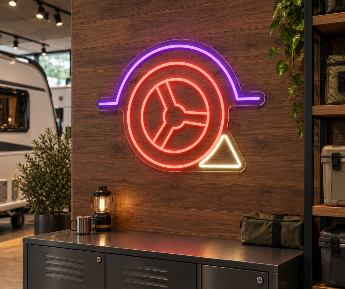Trailer Wheel and Chock LED Neon Sign for RV Supply Shops - interior setting