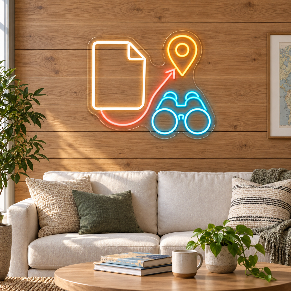 Binoculars & Location Pin LED Neon Sign for Tour Operators - interior setting