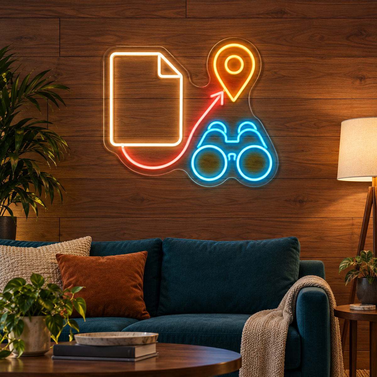 Binoculars & Location Pin LED Neon Sign for Tour Operators - interior setting