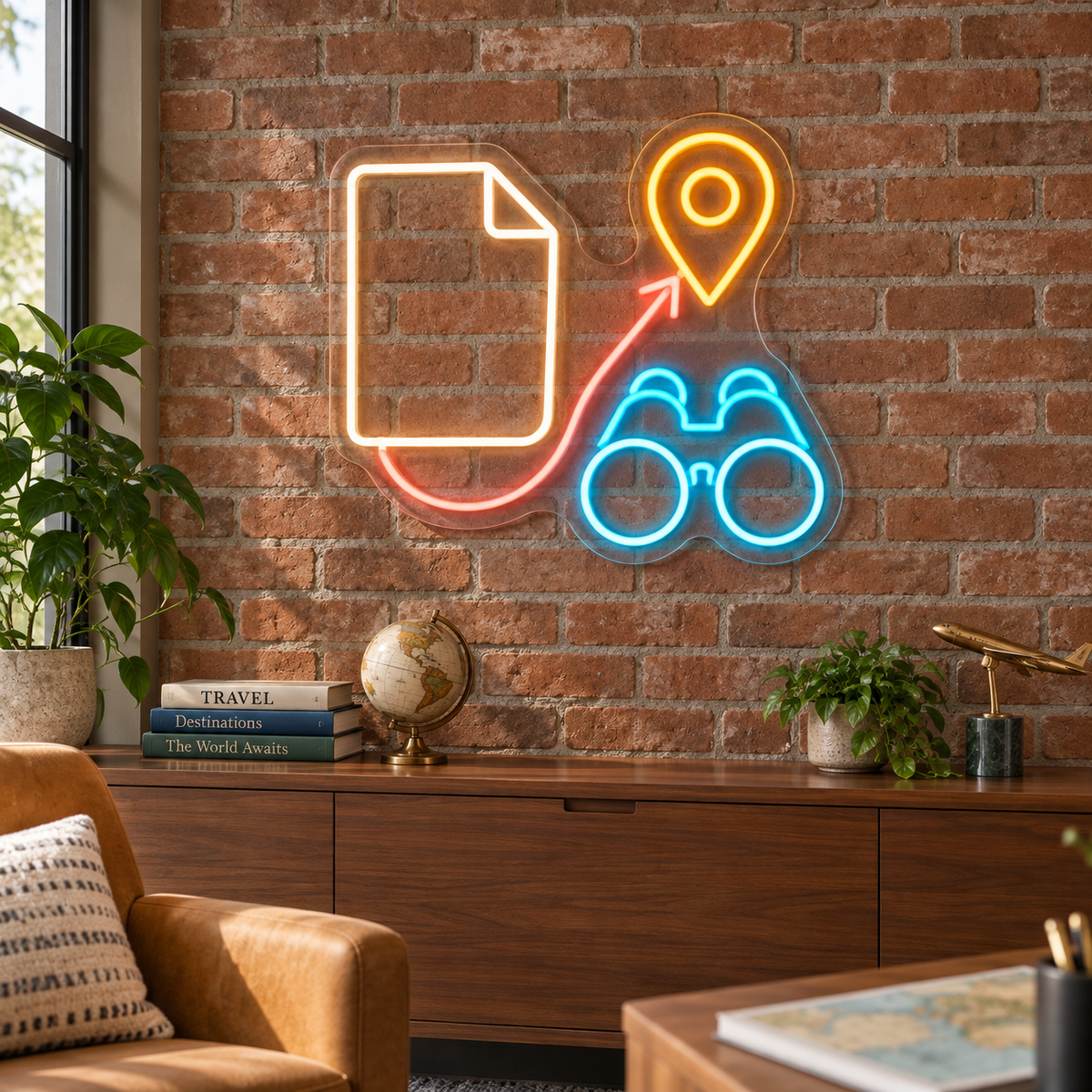 Binoculars & Location Pin LED Neon Sign for Tour Operators - interior setting