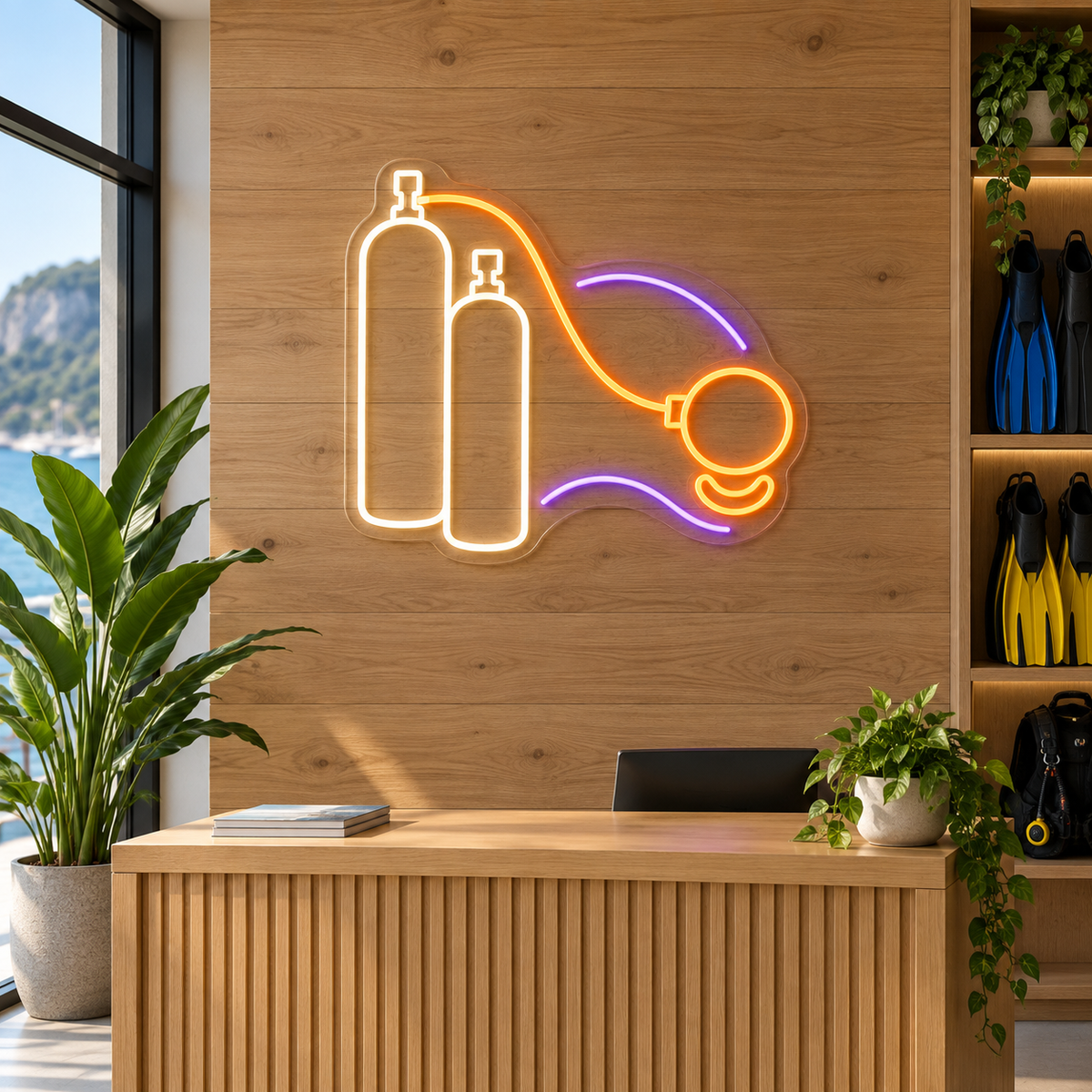 Scuba Tanks & Regulator LED Neon Sign for Dive Centers - interior setting