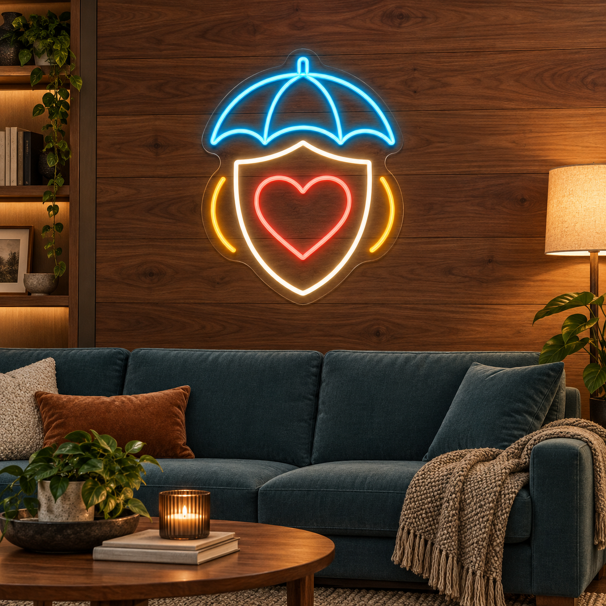 Umbrella & Heart Shield LED Neon Sign for Insurance Agencies - interior setting