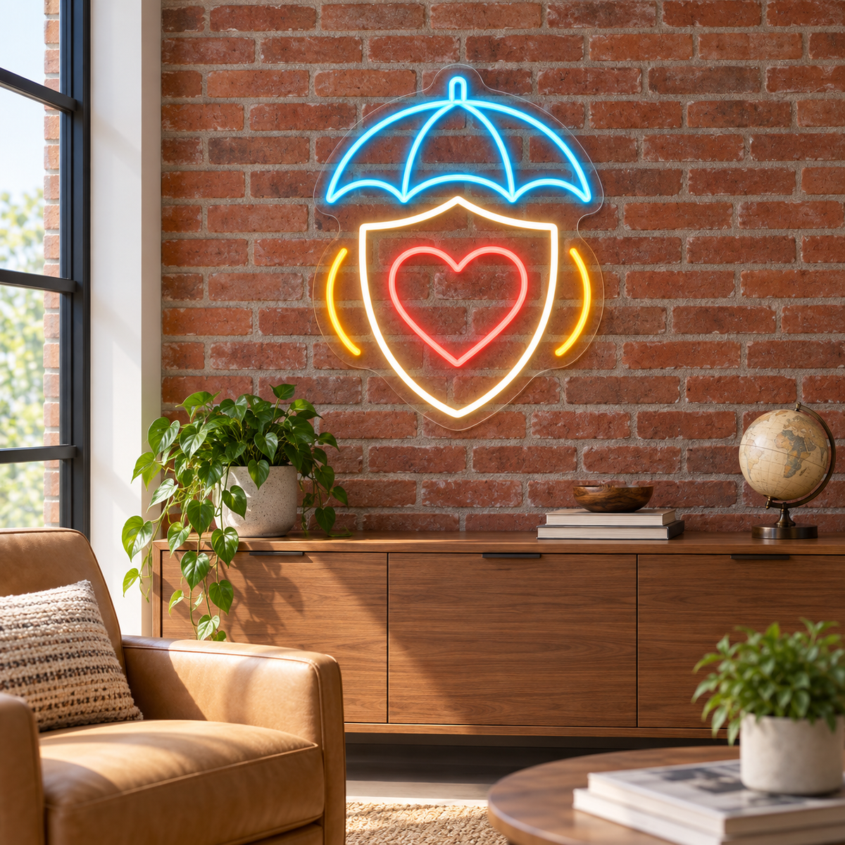 Umbrella & Heart Shield LED Neon Sign for Insurance Agencies - interior setting