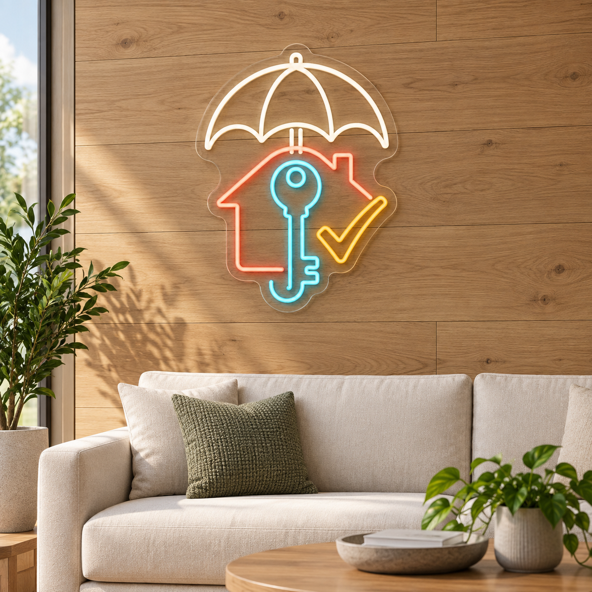 Umbrella & House Key LED Neon Sign for Insurance Agencies - interior setting