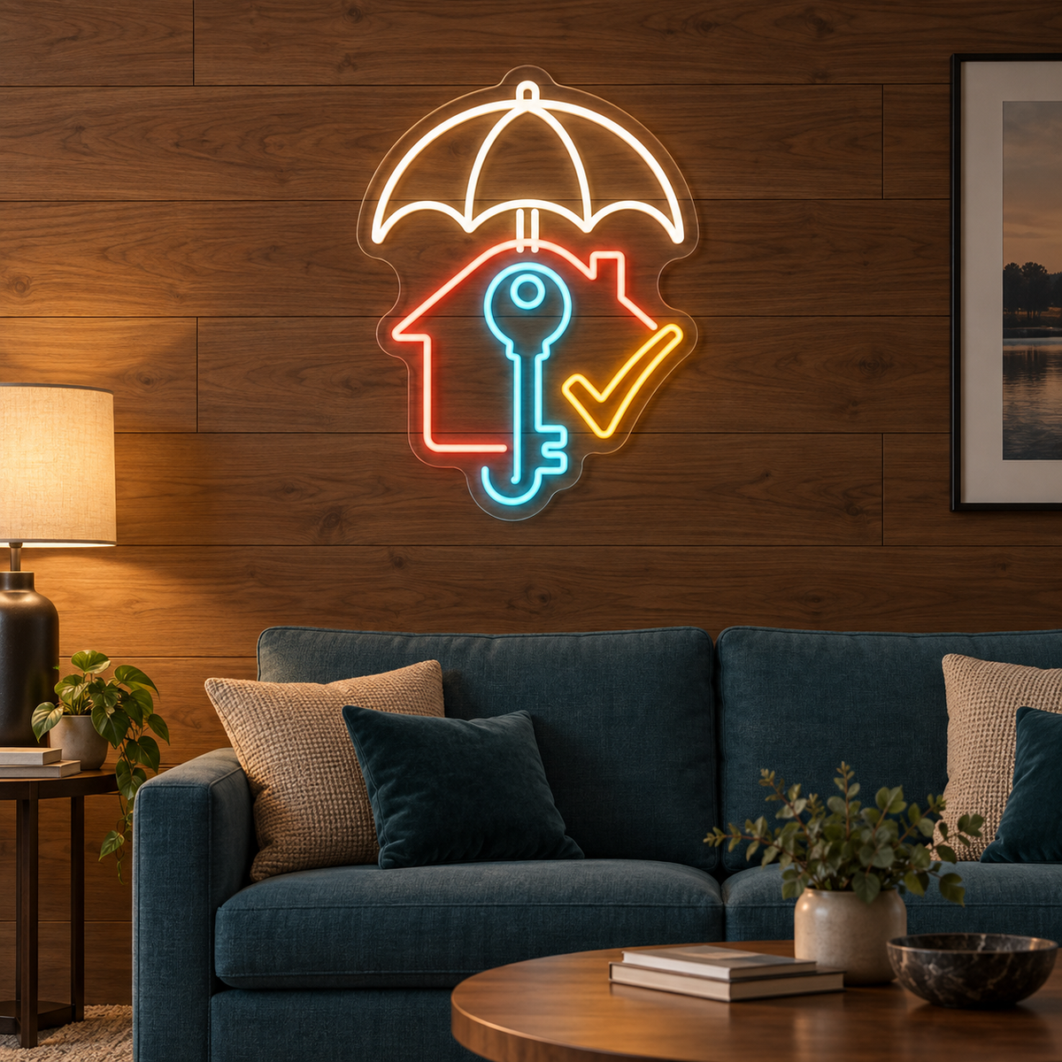 Umbrella & House Key LED Neon Sign for Insurance Agencies - interior setting