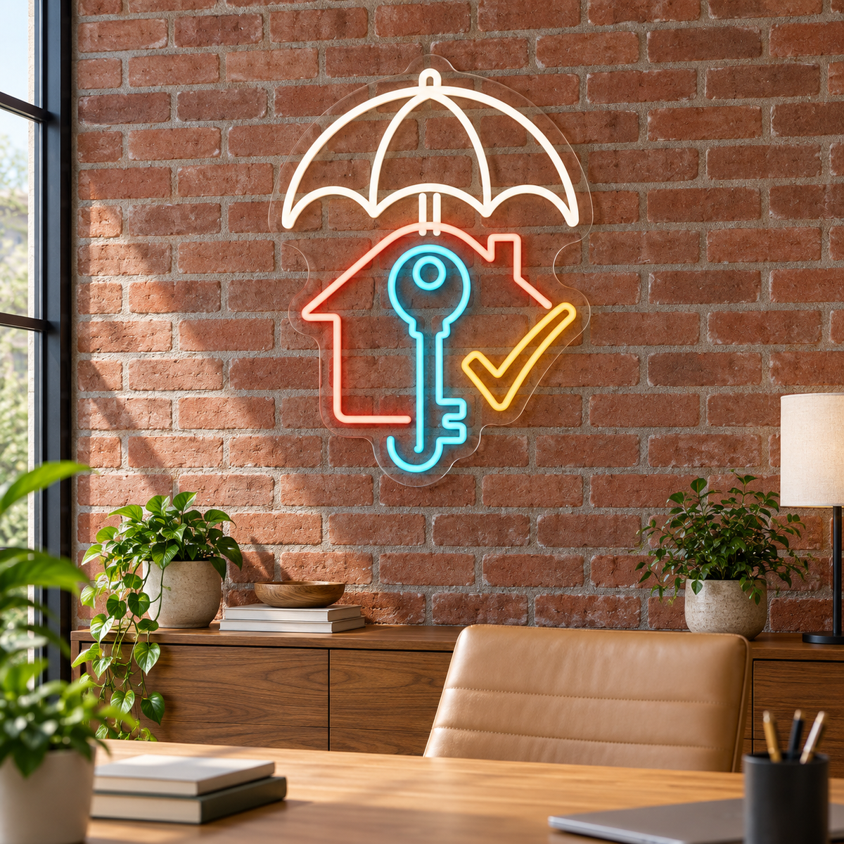 Umbrella & House Key LED Neon Sign for Insurance Agencies - interior setting