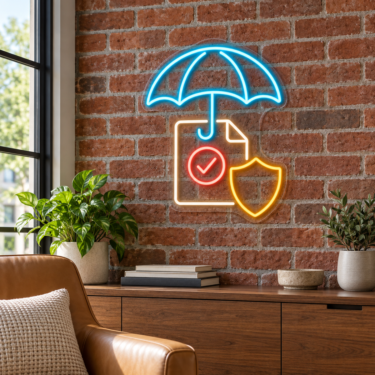 Umbrella & Policy Shield LED Neon Sign for Insurance Agencies - interior setting