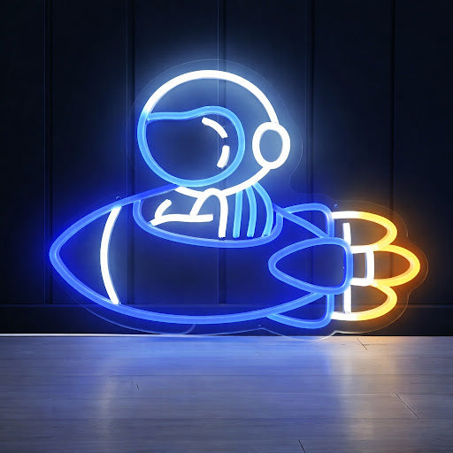 Cute Astronaut Rocket LED Neon Sign Space Theme Light for Kids Room Bedroom Wall Decor