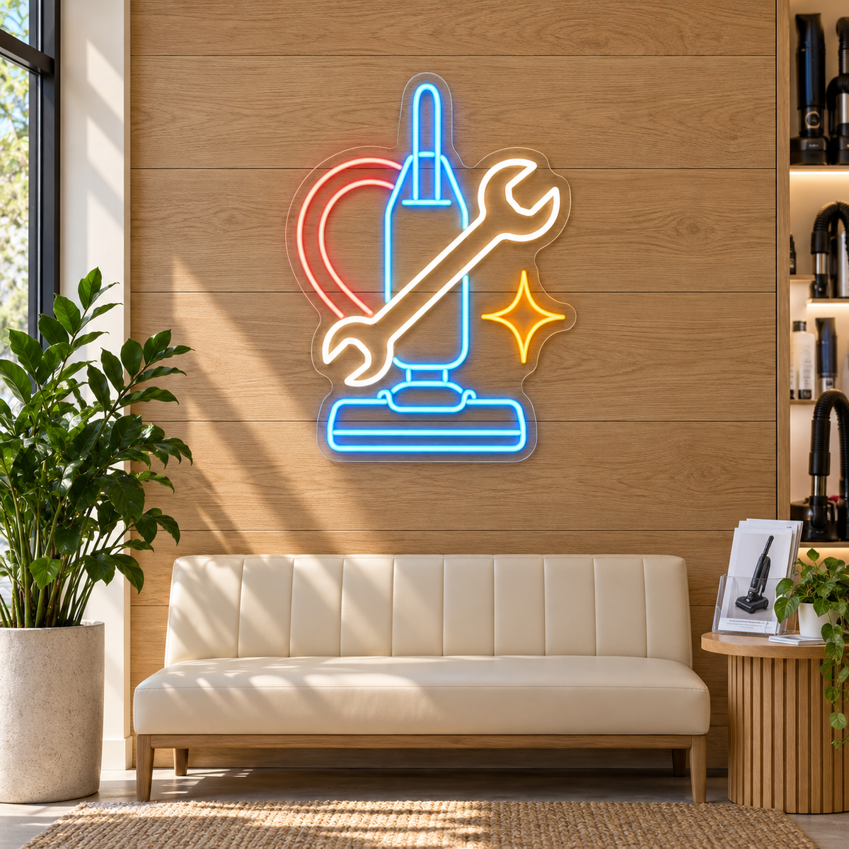 Vacuum & Wrench LED Neon Sign for Vacuum Repair Shops - interior setting