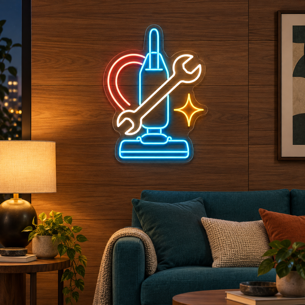 Vacuum & Wrench LED Neon Sign for Vacuum Repair Shops - interior setting