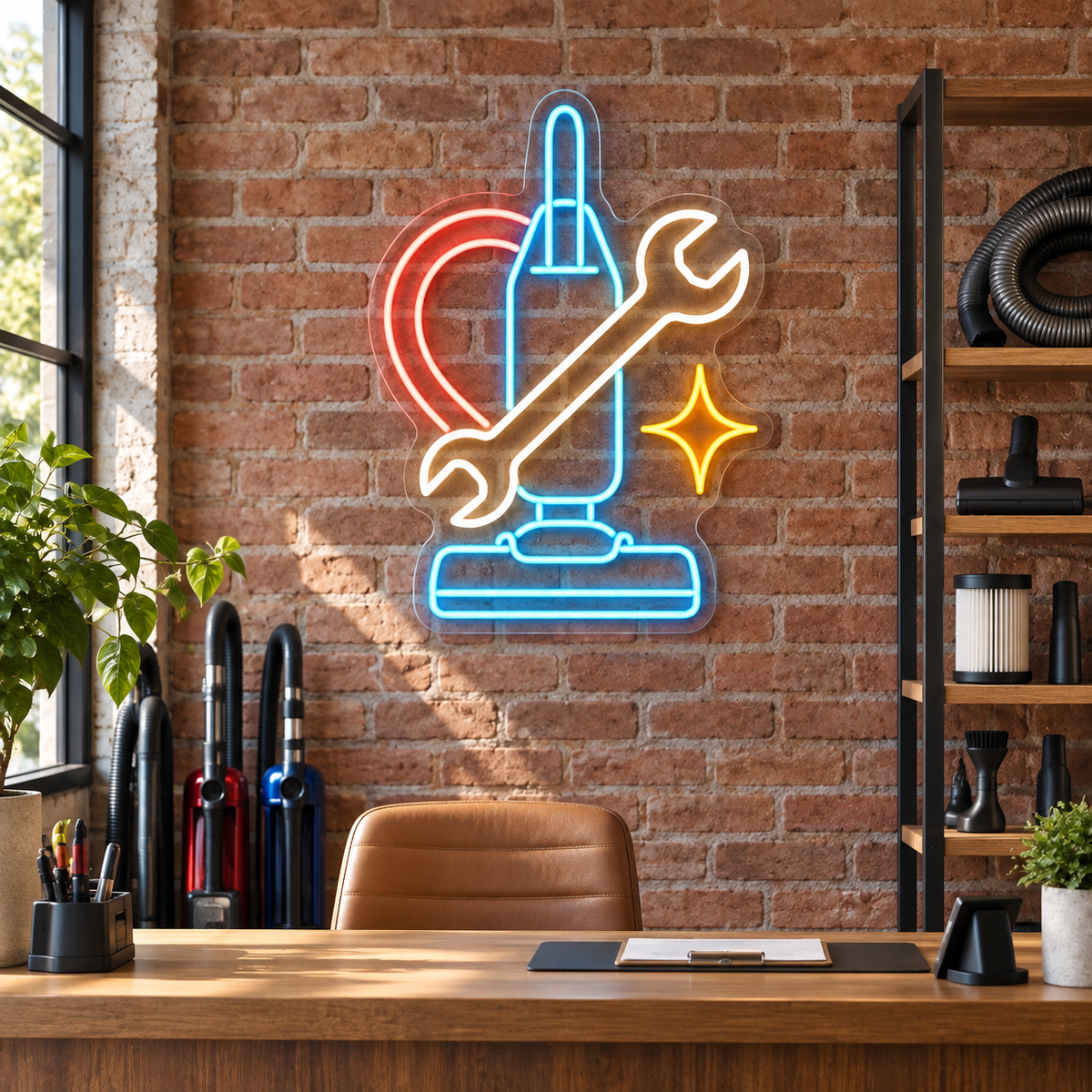Vacuum & Wrench LED Neon Sign for Vacuum Repair Shops - interior setting