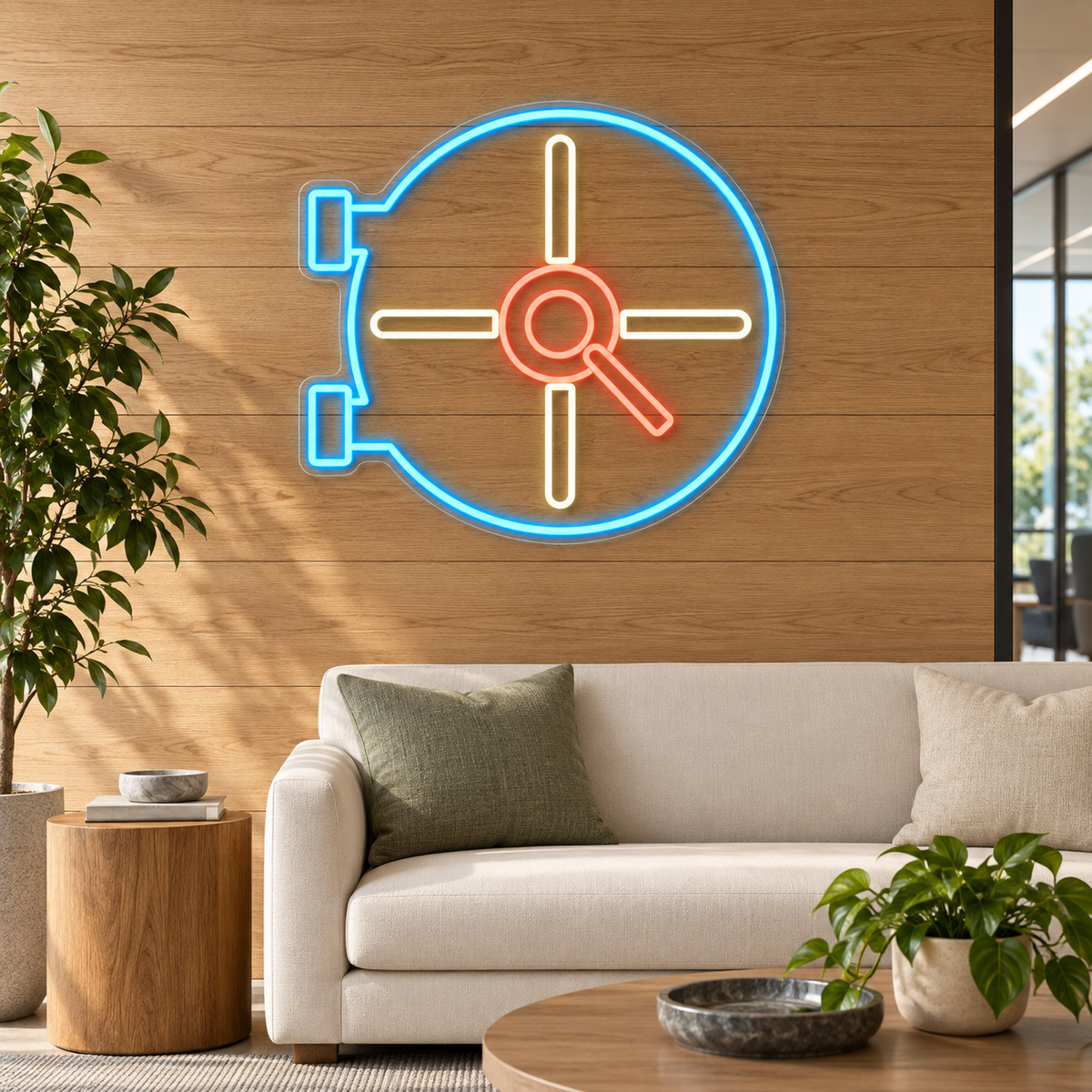 Vault Door & Radial Handle LED Neon Sign for Bank Branches - interior setting