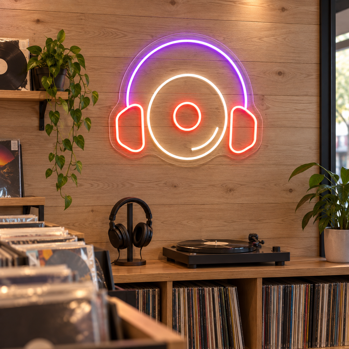 Vinyl Record and Headphones LED Neon Sign for Music Rooms - interior setting