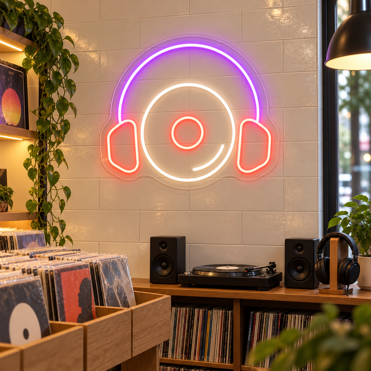 Vinyl Record and Headphones LED Neon Sign for Music Rooms - interior setting
