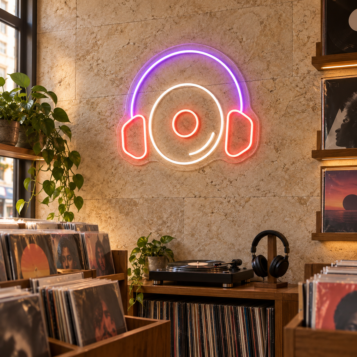 Vinyl Record and Headphones LED Neon Sign for Music Rooms - interior setting