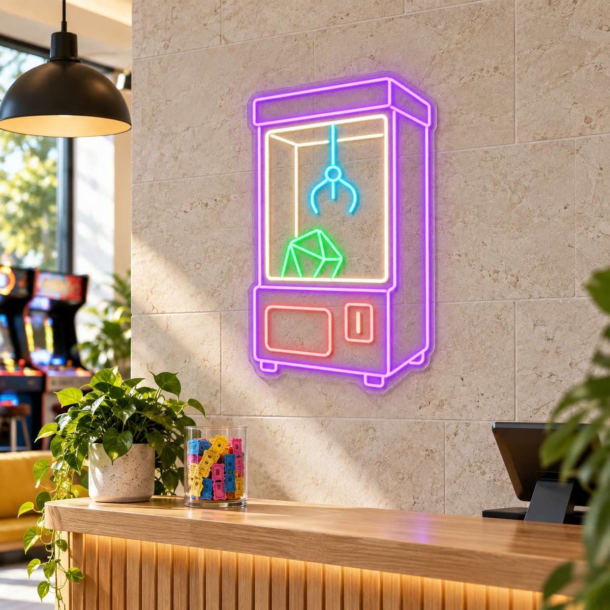 Claw Machine LED Neon Sign for Arcades - interior setting