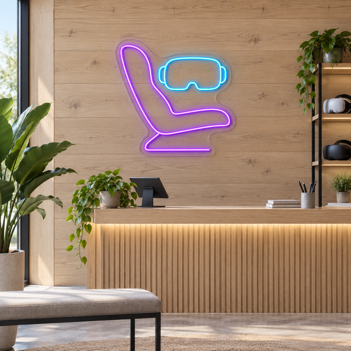 VR Headset & Simulator LED Neon Sign for VR Arcades - interior setting
