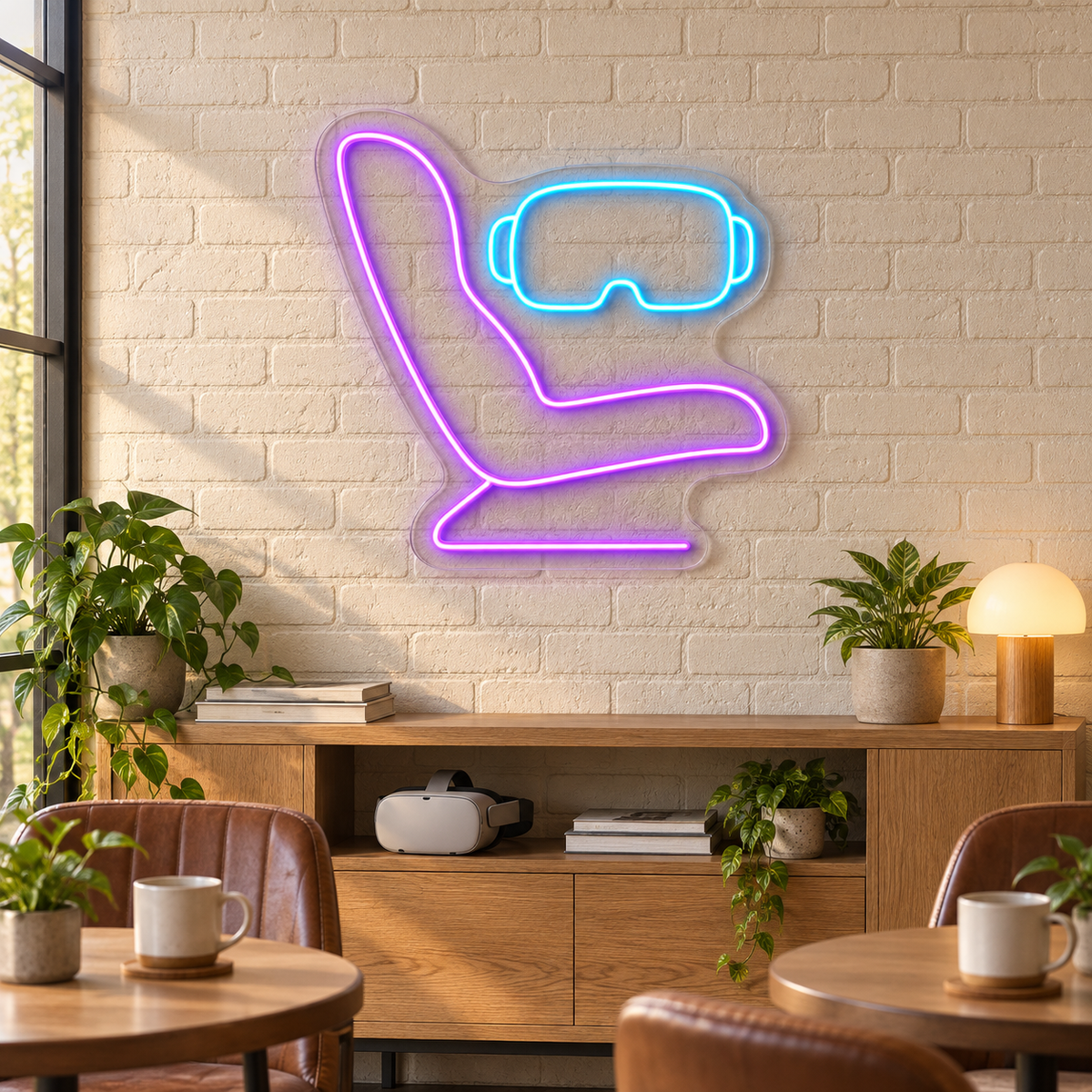 VR Headset & Simulator LED Neon Sign for VR Arcades - interior setting