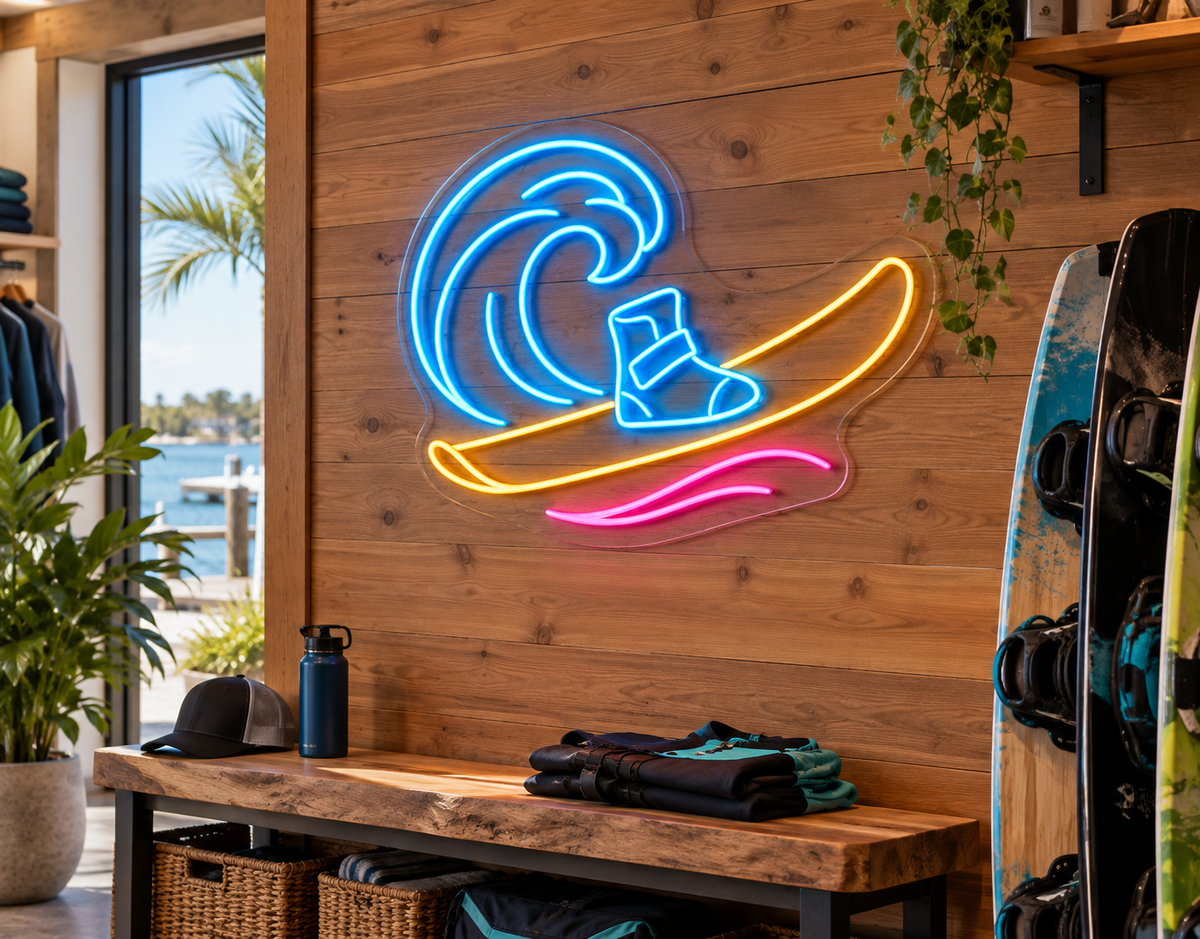 Wakeboard and Wave LED Neon Sign for Watersports Shops - interior setting