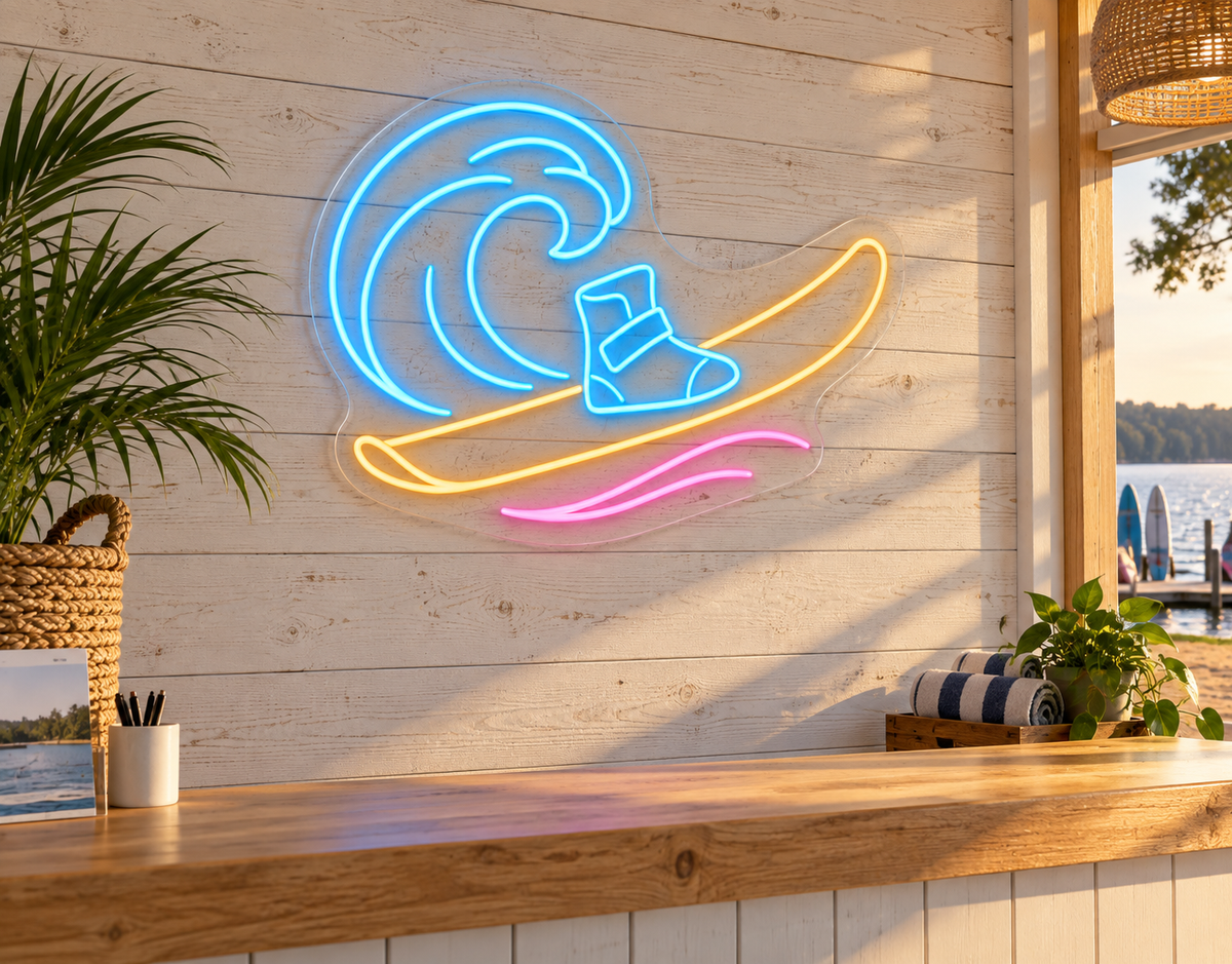 Wakeboard and Wave LED Neon Sign for Watersports Shops - interior setting