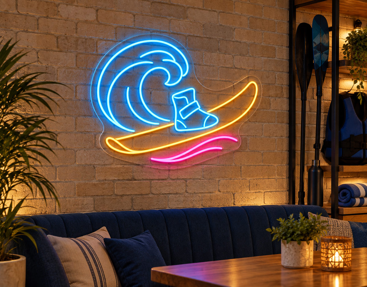 Wakeboard and Wave LED Neon Sign for Watersports Shops - interior setting