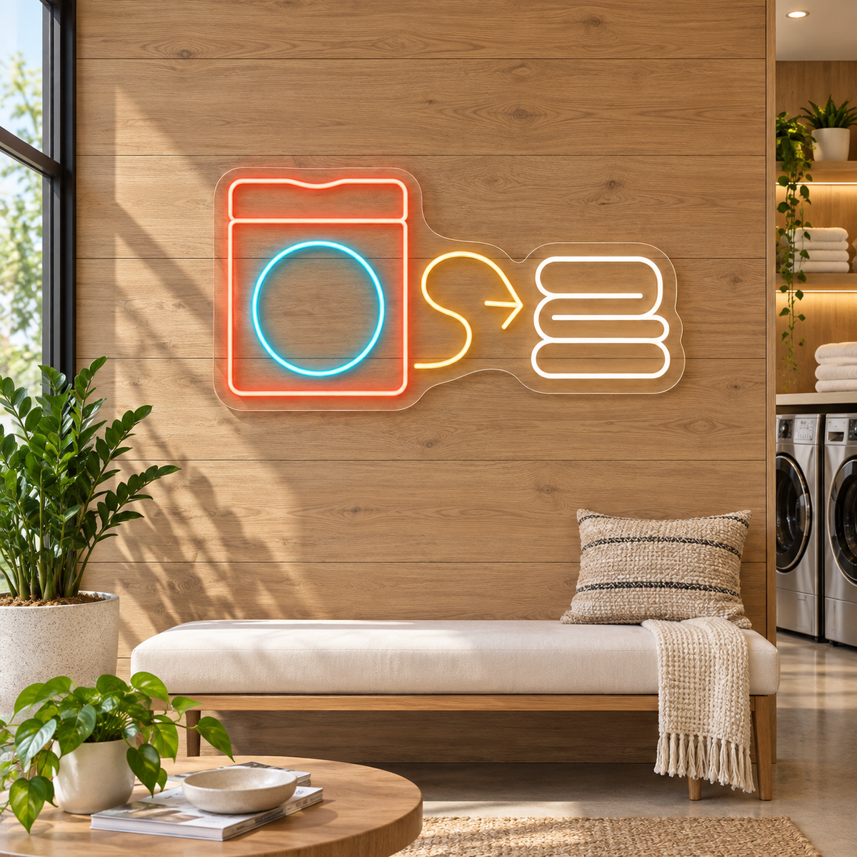 Washing Machine & Folded Towels LED Neon Sign for Laundry Shops - interior setting