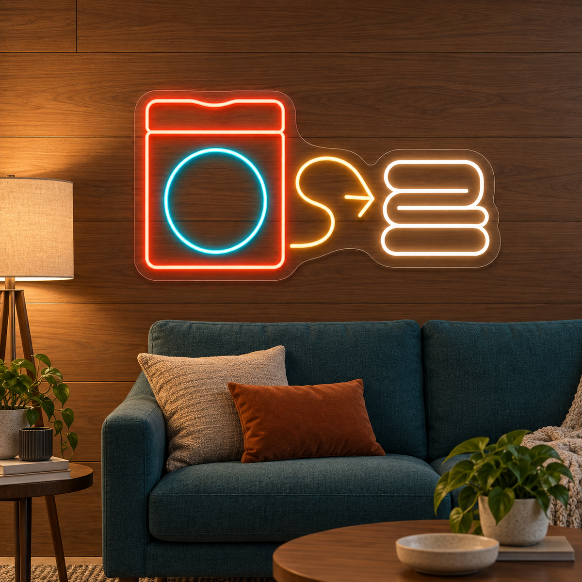 Washing Machine & Folded Towels LED Neon Sign for Laundry Shops - interior setting