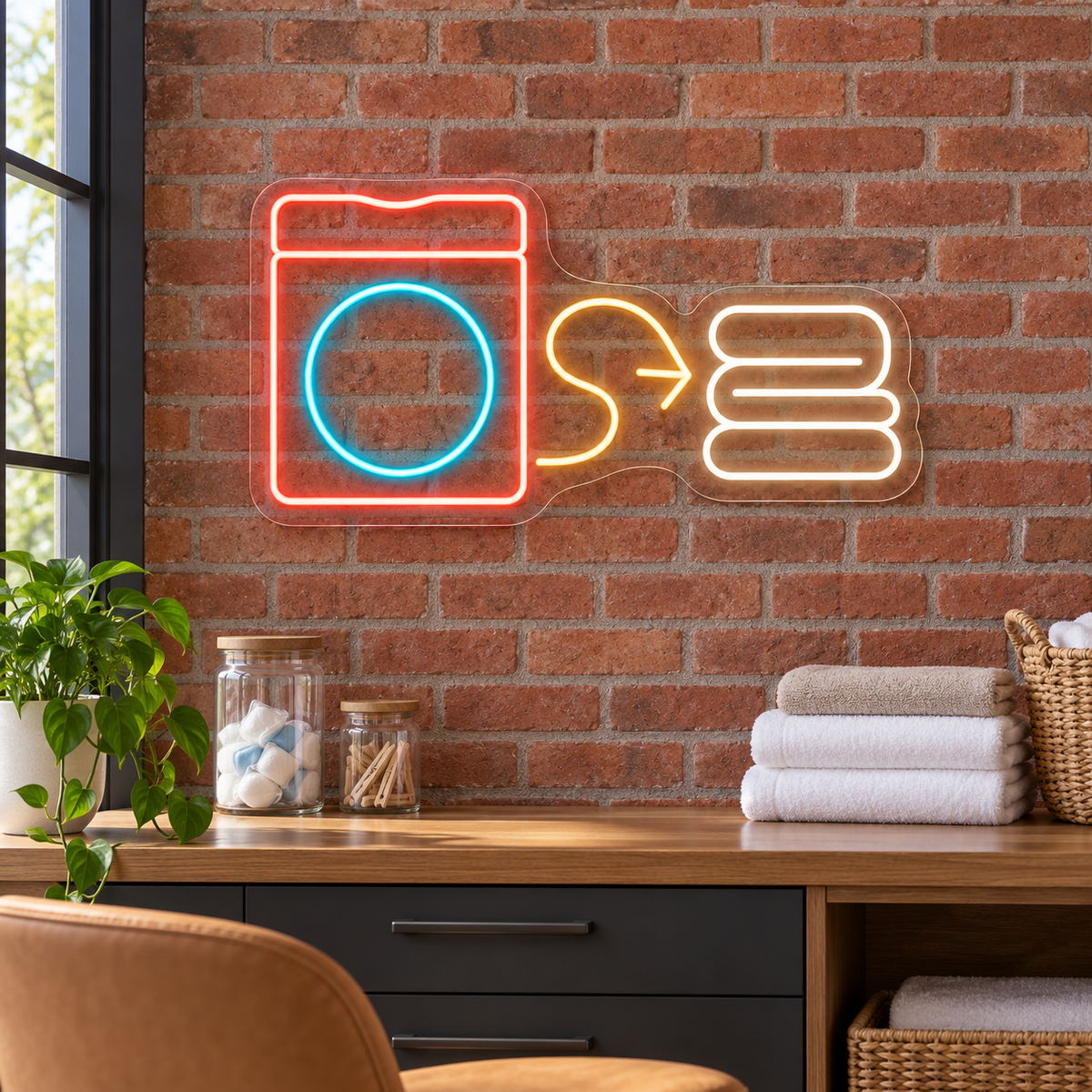 Washing Machine & Folded Towels LED Neon Sign for Laundry Shops - interior setting