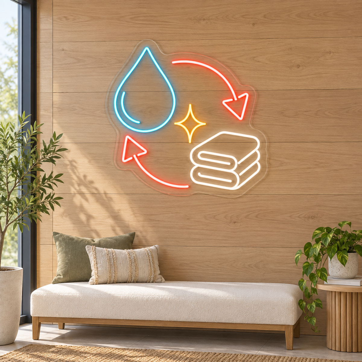 Water Drop & Towels LED Neon Sign for Laundry Shops - interior setting