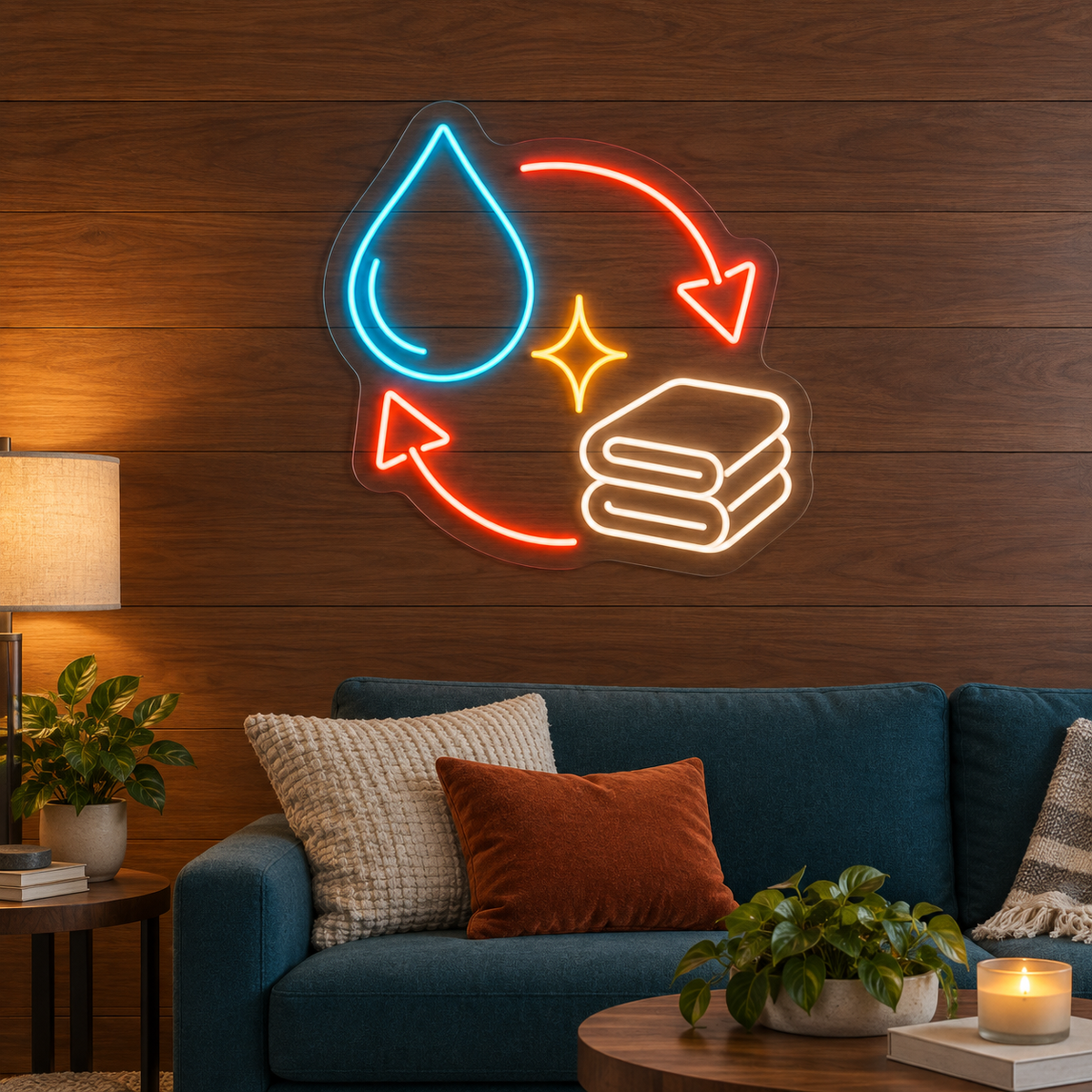 Water Drop & Towels LED Neon Sign for Laundry Shops - interior setting