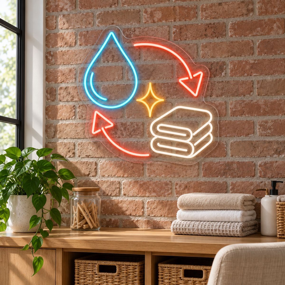 Water Drop & Towels LED Neon Sign for Laundry Shops - interior setting