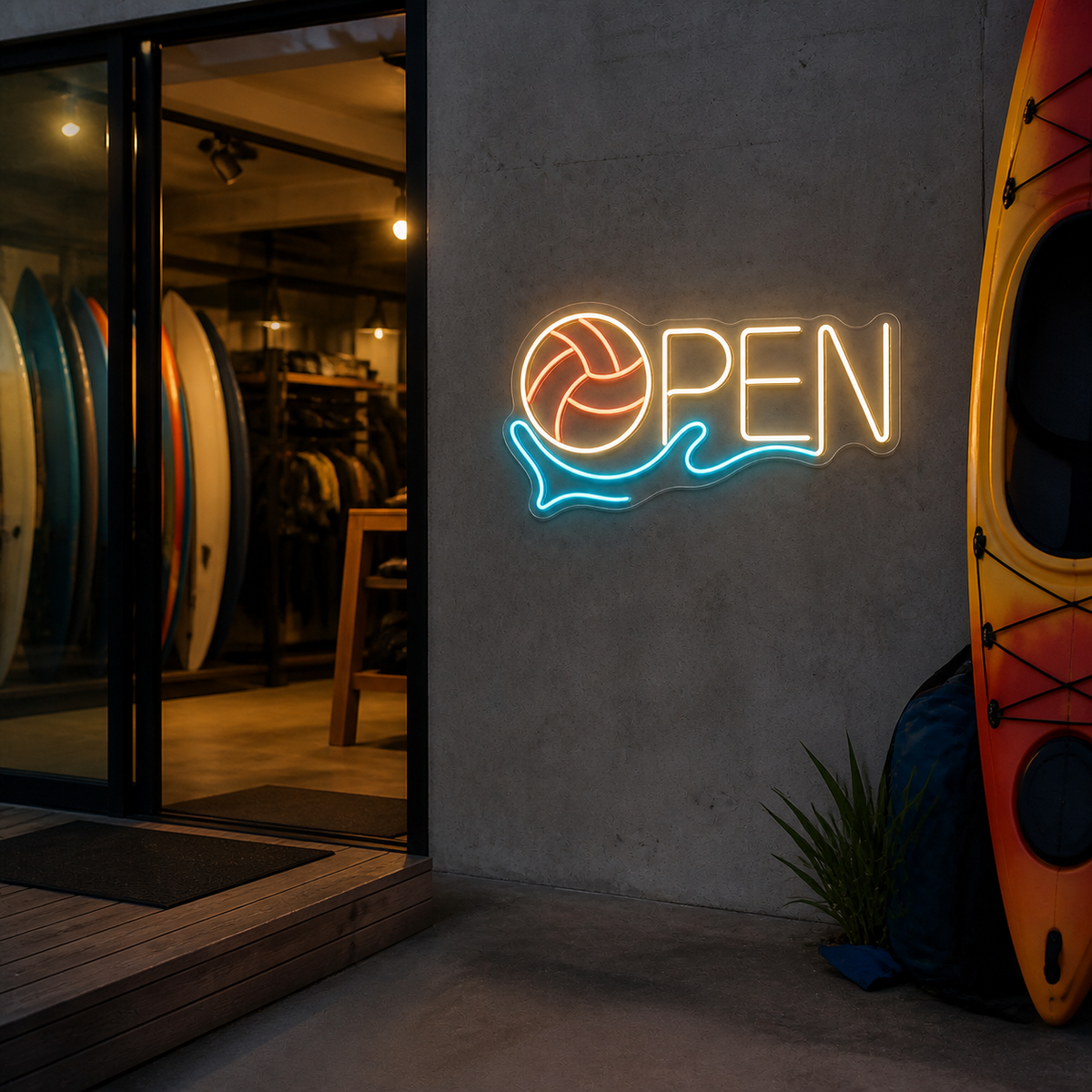 Water Polo Ball OPEN LED Neon Sign for Aquatic Shops - interior setting