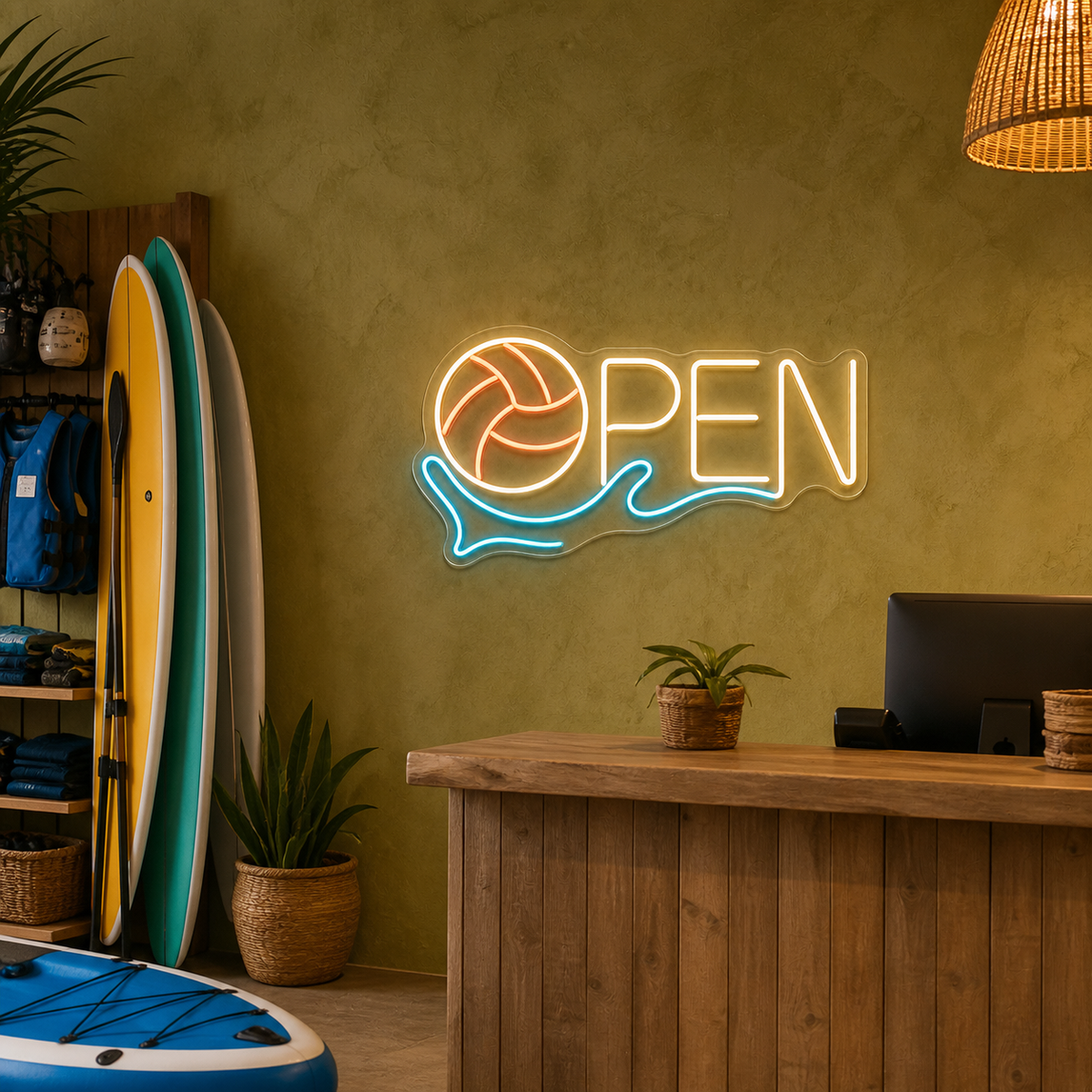 Water Polo Ball OPEN LED Neon Sign for Aquatic Shops - interior setting