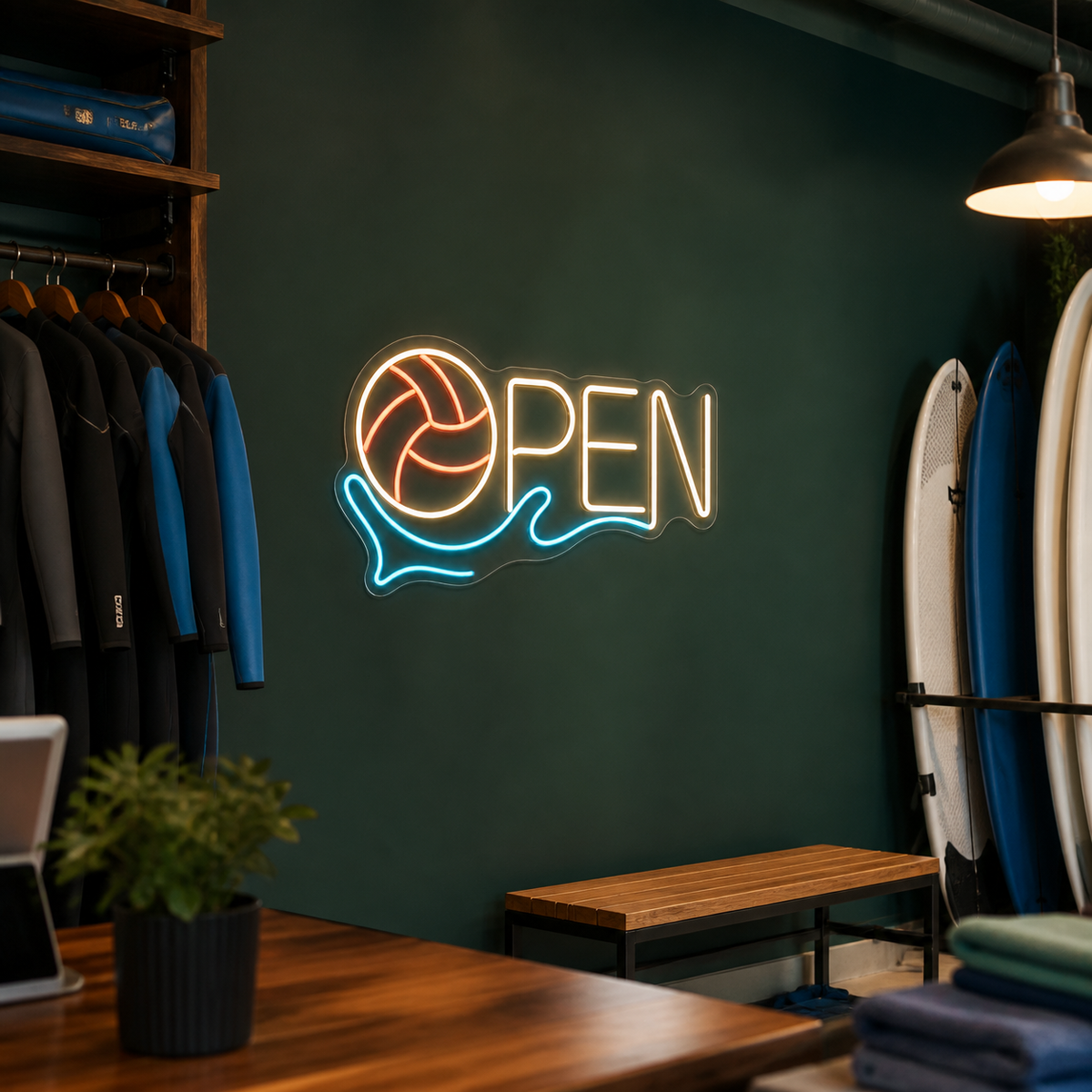 Water Polo Ball OPEN LED Neon Sign for Aquatic Shops - interior setting