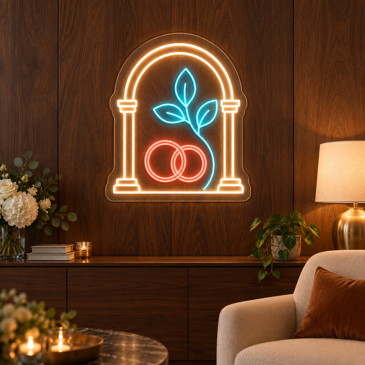 Wedding Arch & Rings LED Neon Sign for Wedding Venues - interior setting