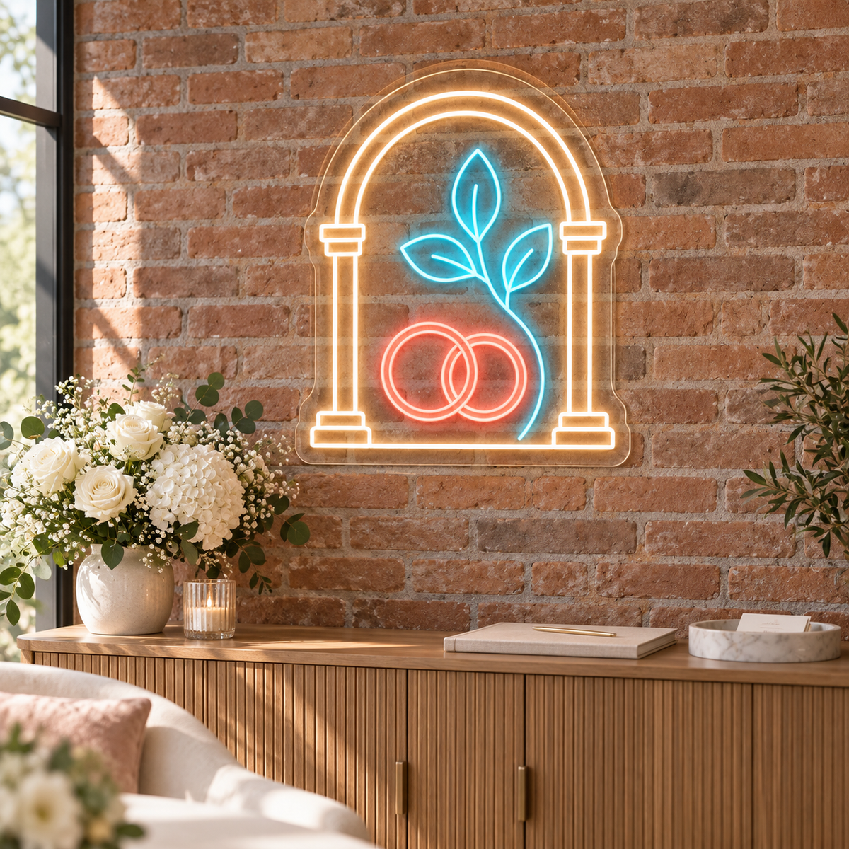 Wedding Arch & Rings LED Neon Sign for Wedding Venues - interior setting