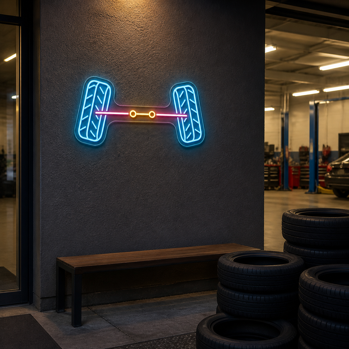 Wheel Alignment LED Neon Sign for Workshop Walls - interior setting