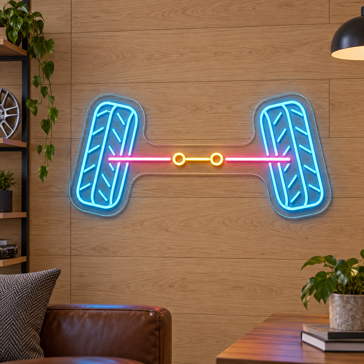Wheel Alignment LED Neon Sign for Workshop Walls - interior setting