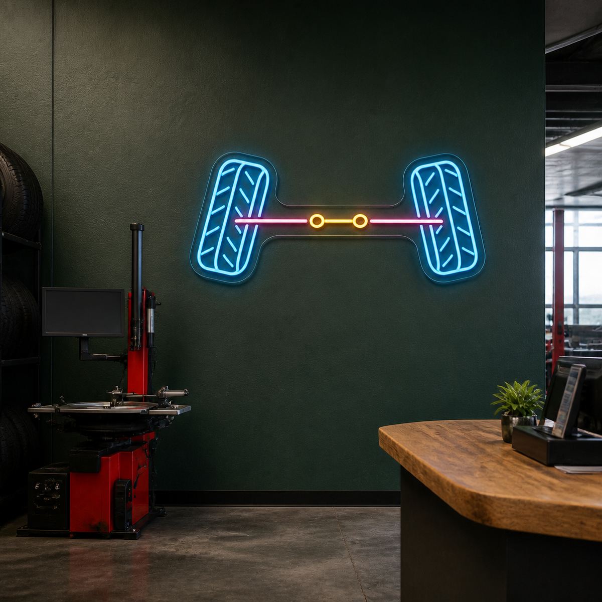Wheel Alignment LED Neon Sign for Workshop Walls - interior setting